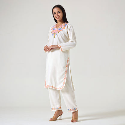 Kashmiri Aari Embroidered Cotton Kurti with Bottom Pant, Womens Coord Set For Summer