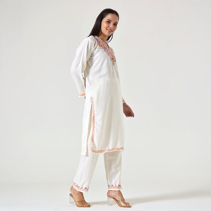 Kashmiri Aari Embroidered Cotton Kurti with Bottom Pant, Womens Coord Set For Summer