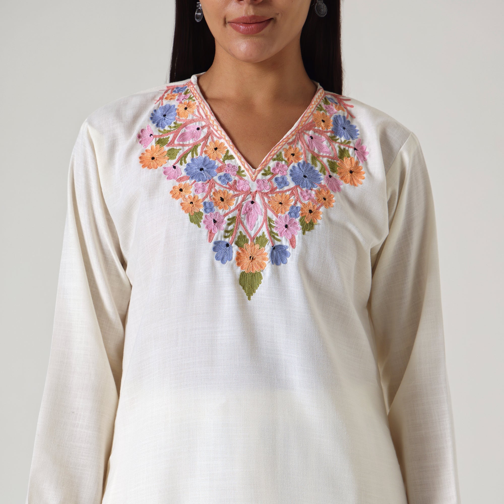 Kashmiri Aari Embroidered Cotton Kurti with Bottom Pant, Womens Coord Set For Summer