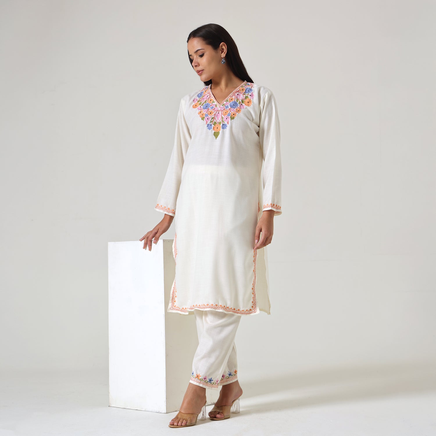 Kashmiri Aari Embroidered Cotton Kurti with Bottom Pant, Womens Coord Set For Summer