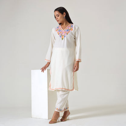 Kashmiri Aari Embroidered Cotton Kurti with Bottom Pant, Womens Coord Set For Summer