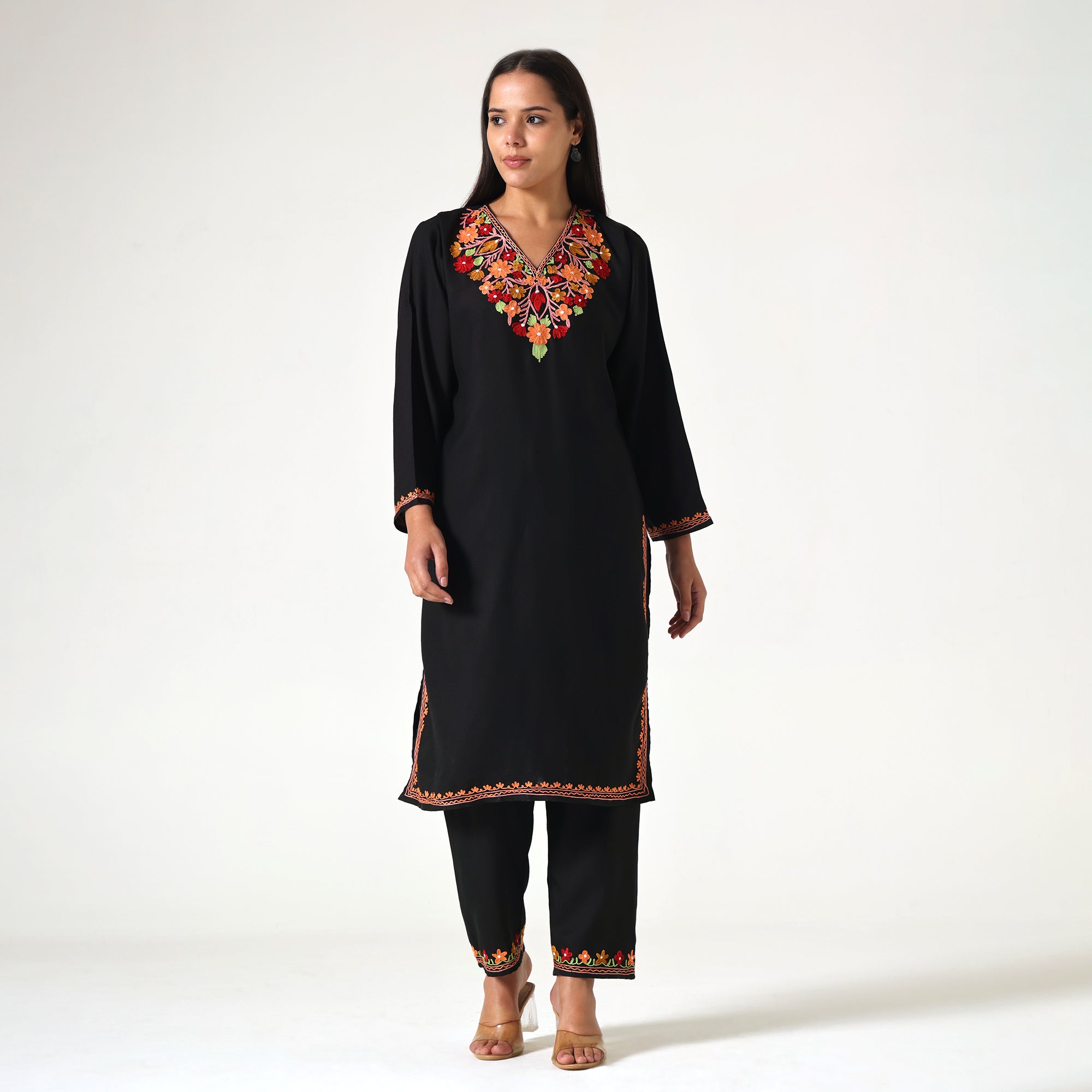 Kashmiri Aari Embroidered Cotton Kurti with Bottom Pant, Womens Coord Set