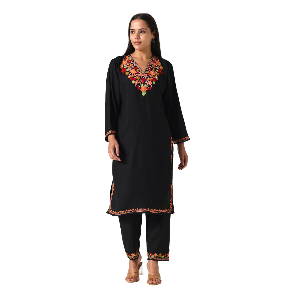 Kashmiri Aari Embroidered Cotton Kurti with Bottom Pant, Womens Coord Set
