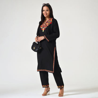 Kashmiri Aari Embroidered Cotton Kurti with Bottom Pant, Womens Coord Set