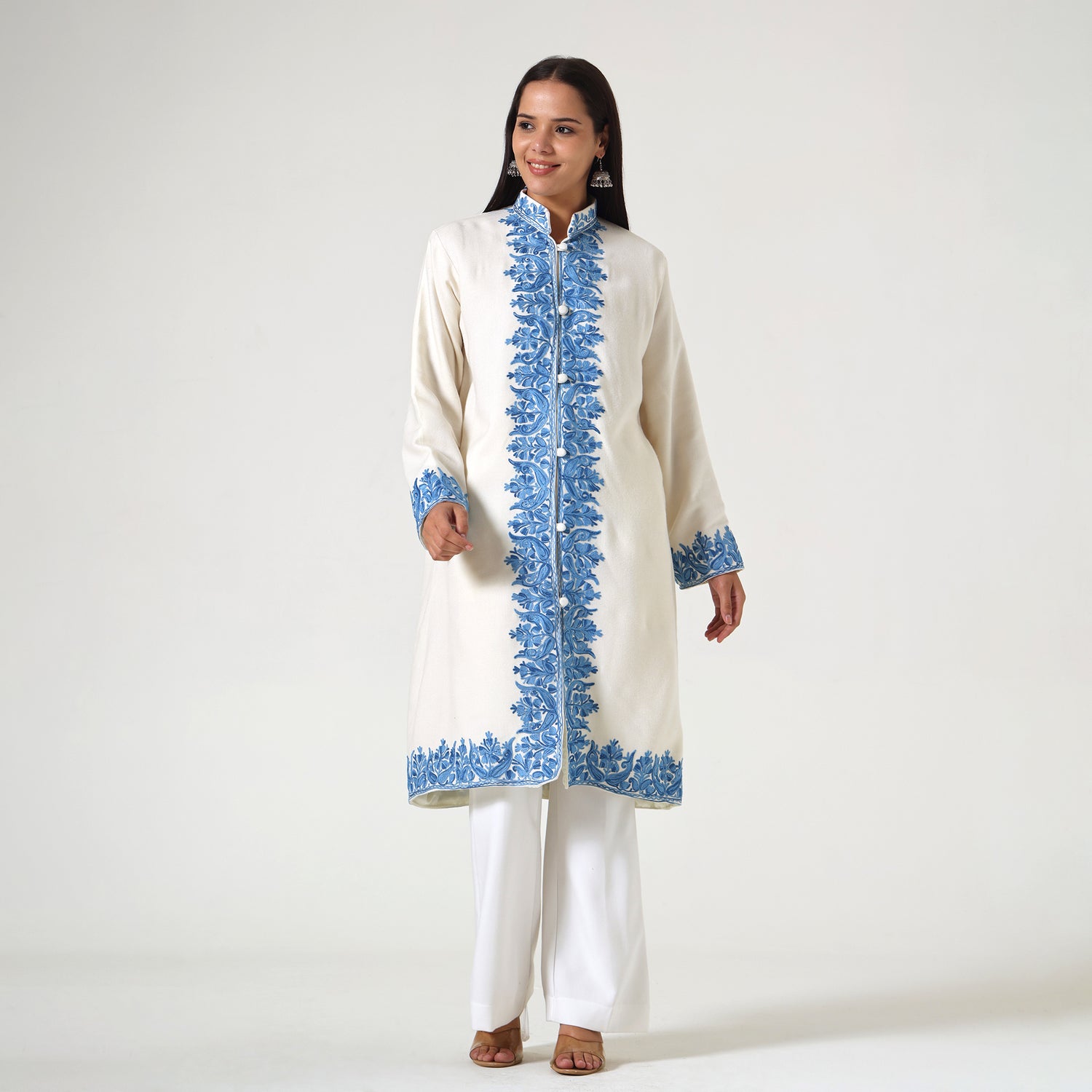 Kashmiri Aari Embroidered Jacket For Women, Paisley Embroidered Long Coat