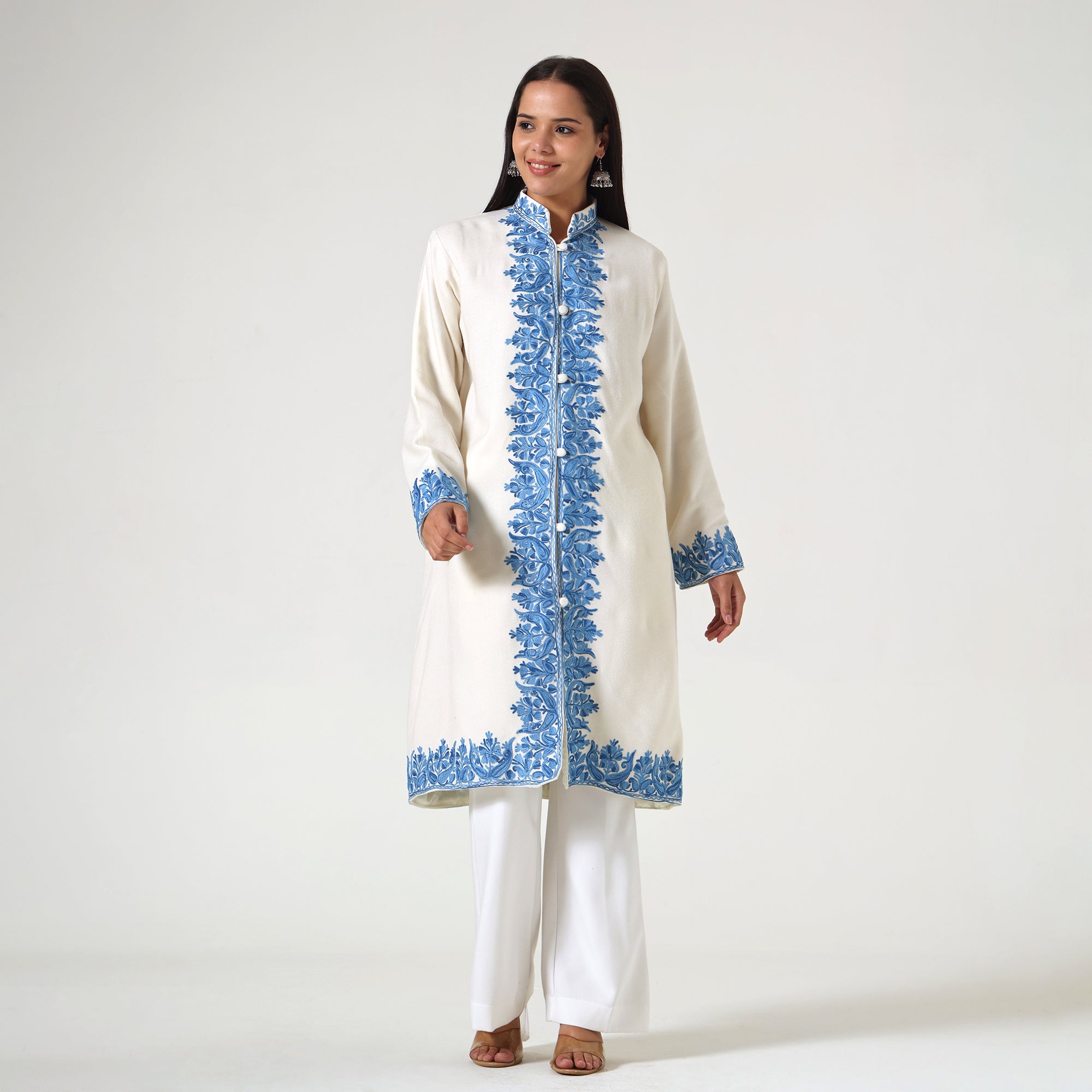 Kashmiri Aari Embroidered Jacket For Women, Paisley Embroidered Long Coat