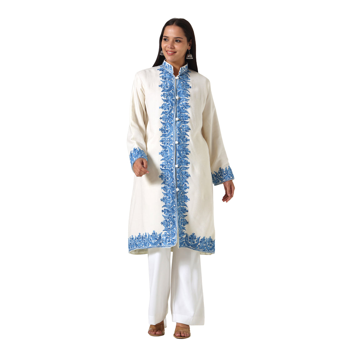 Kashmiri Aari Embroidered Jacket For Women, Paisley Embroidered Long Coat