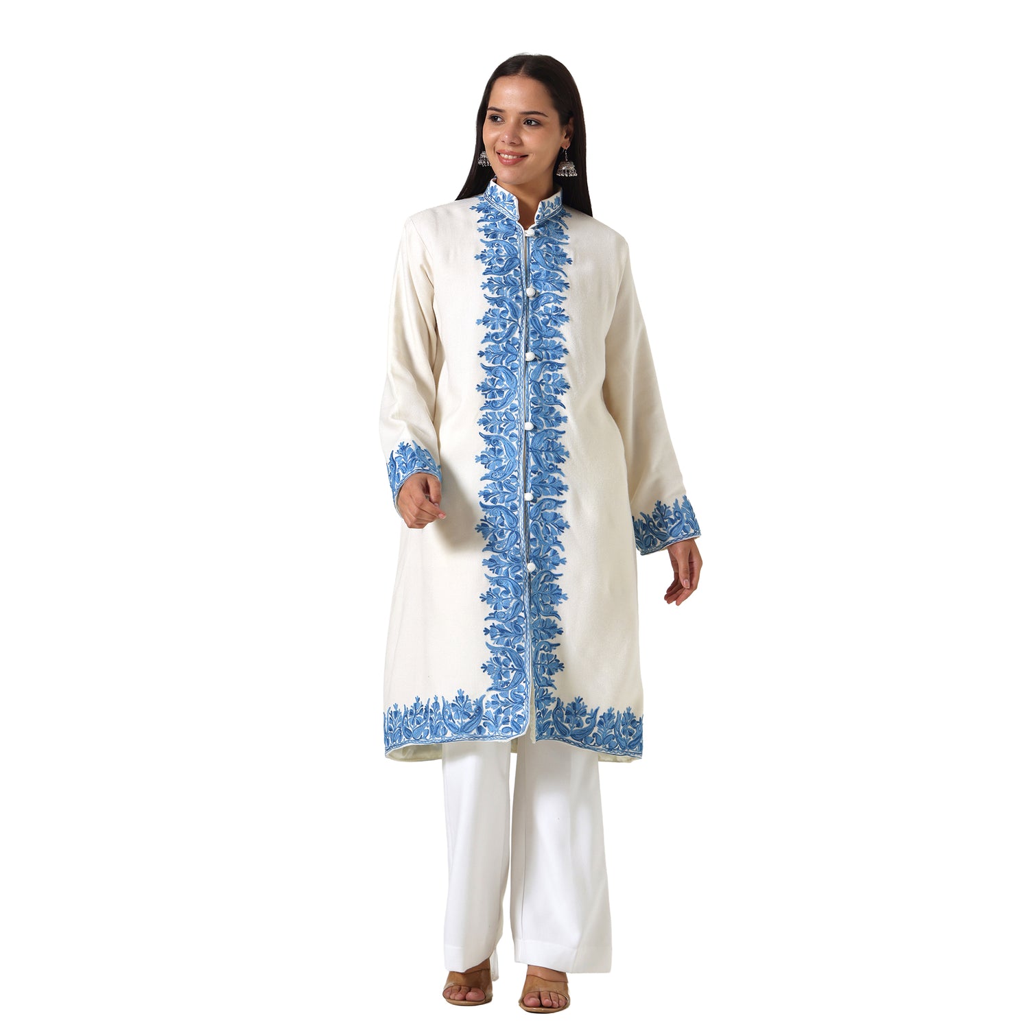 Kashmiri Aari Embroidered Jacket For Women, Paisley Embroidered Long Coat