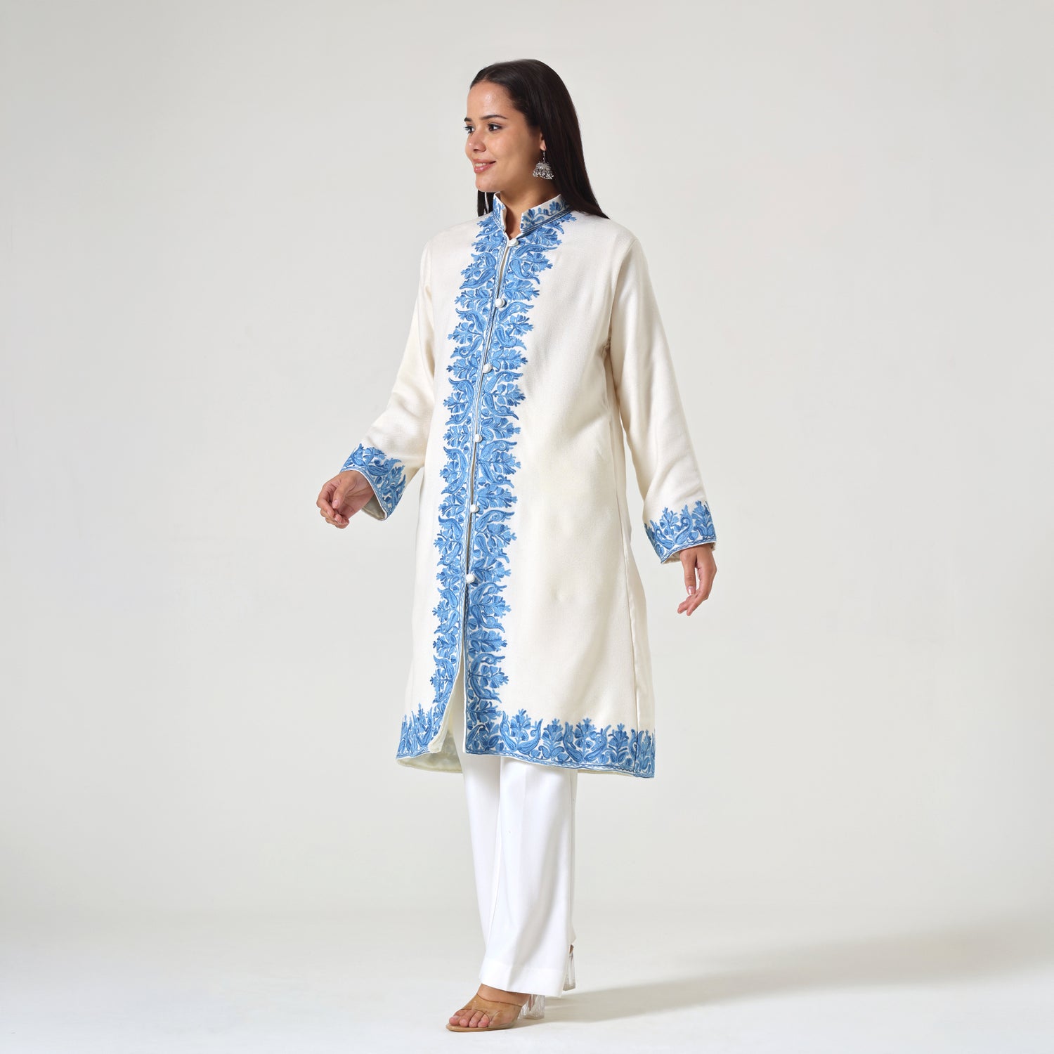 Kashmiri Aari Embroidered Jacket For Women, Paisley Embroidered Long Coat