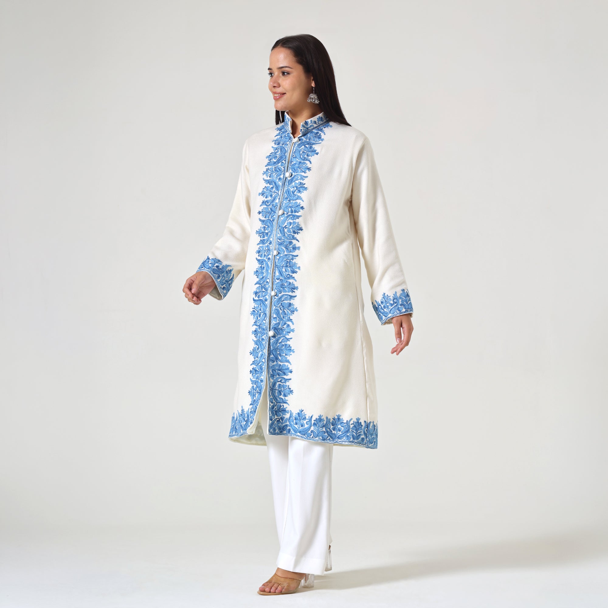 Kashmiri Aari Embroidered Jacket For Women, Paisley Embroidered Long Coat
