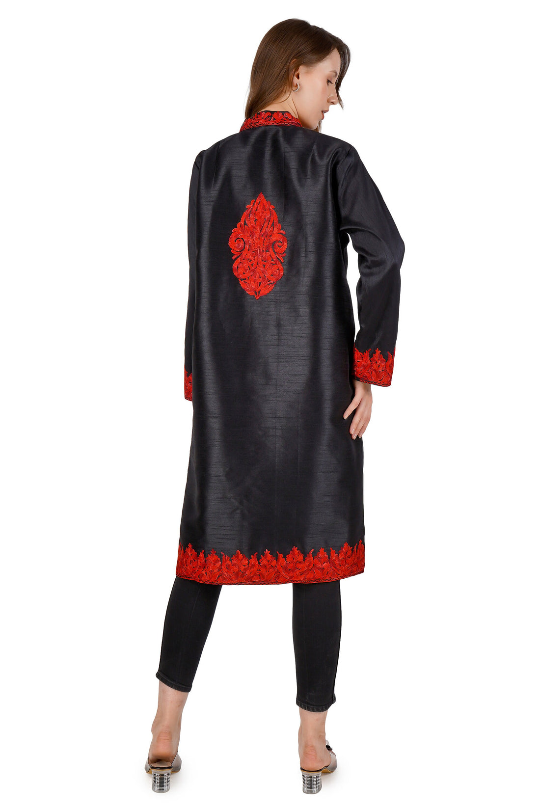 Kashmiri Aari Embroidered Long Silk Jacket, Summer Coat For Women