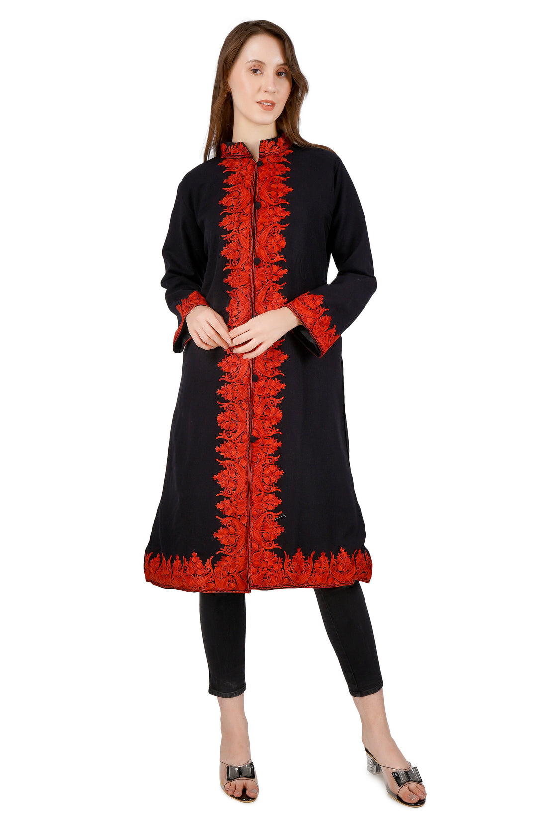 Kashmiri Aari Embroidered Long woollen Jacket, Winter Coat For Women, Paisley Indian Jacket