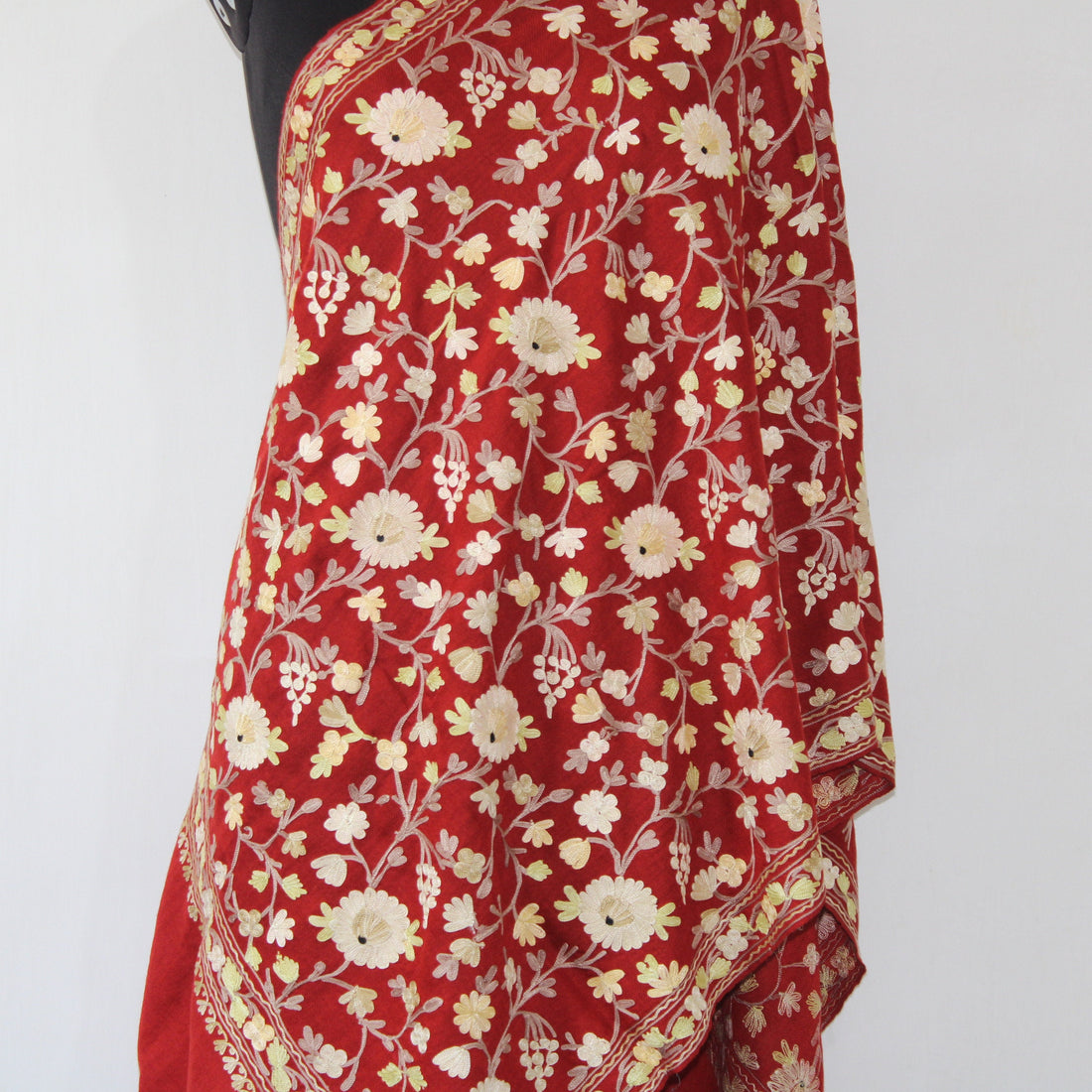 Kashmiri Stole, Fine Merino Wool Aari Embroidered Kashmiri Stole, Handmade Stole, Woolen Scarf, Embroidered Wraps, Maroon Scarf,