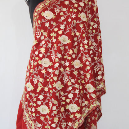 Kashmiri Stole, Fine Merino Wool Aari Embroidered Kashmiri Stole, Handmade Stole, Woolen Scarf, Embroidered Wraps, Maroon Scarf,