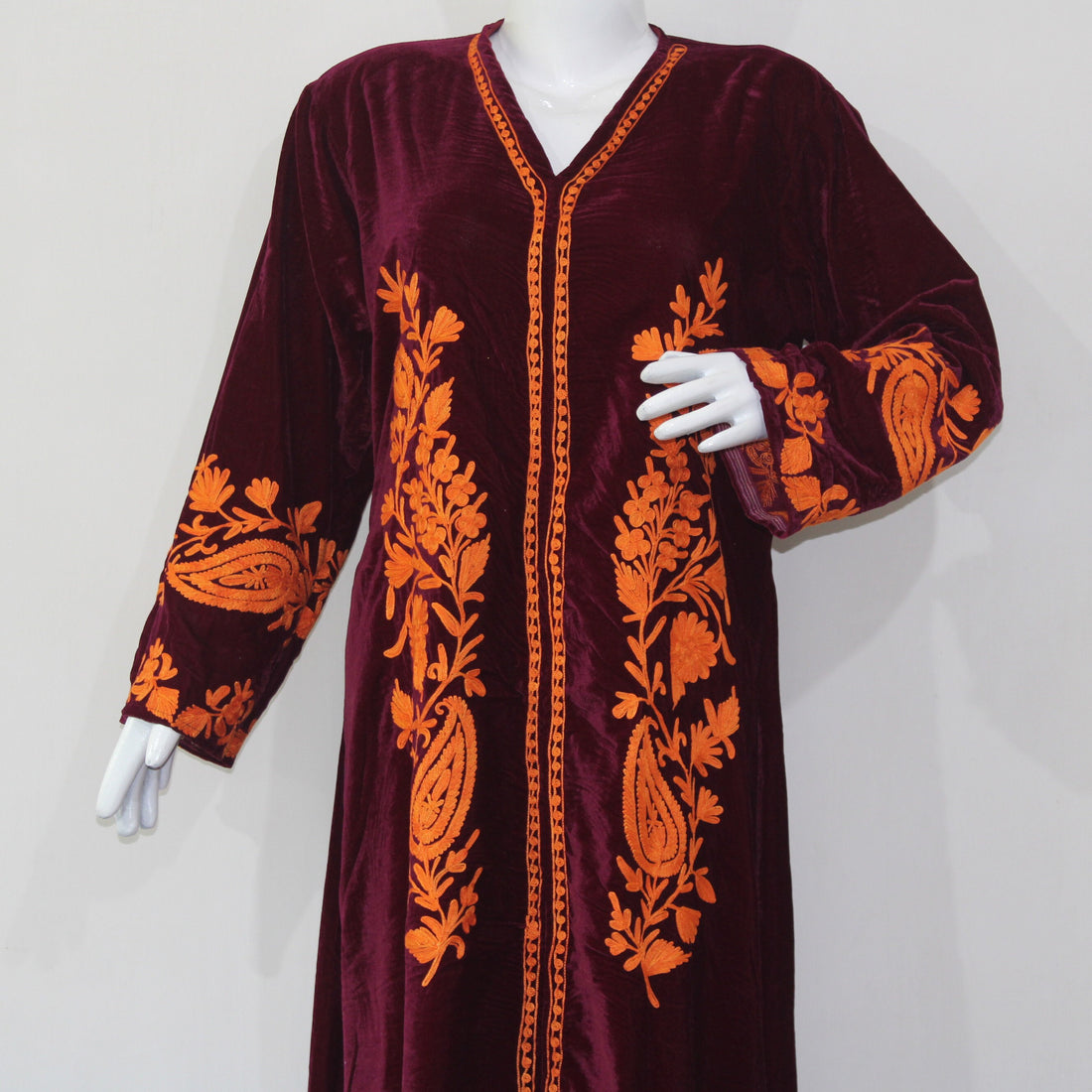 Kashmiri Aari Embroidered Velvet Gown, Long Sleeves, Floral Embroidery, Dress for women