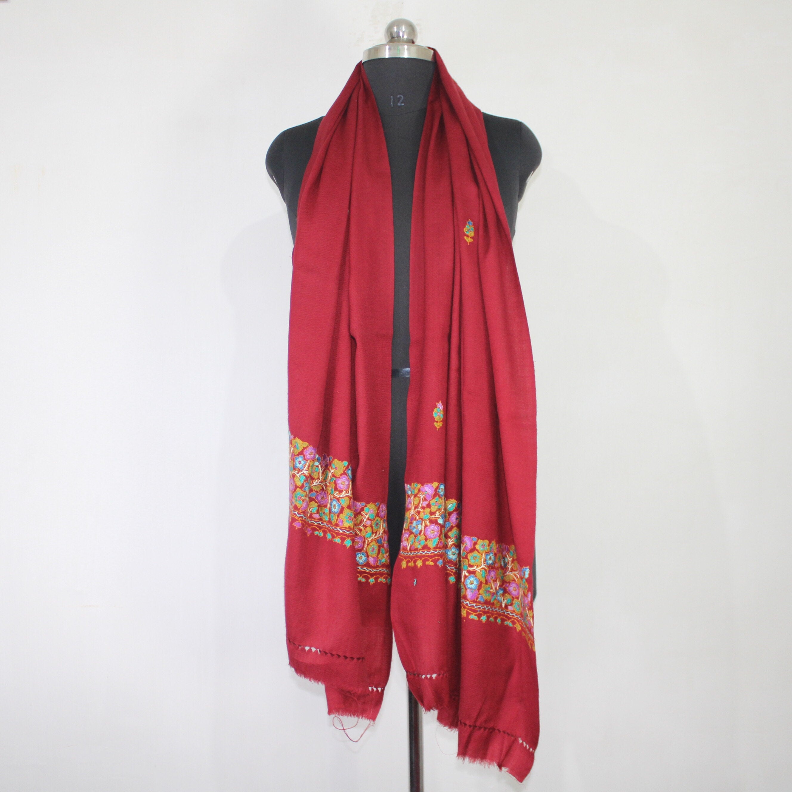 Kashmiri paper mache Embroidery Scarf, woolen Scarf, Kashmiri Handmade Stole/Wrap, handwork stole, maroon Stole, 70cm * 200cm,