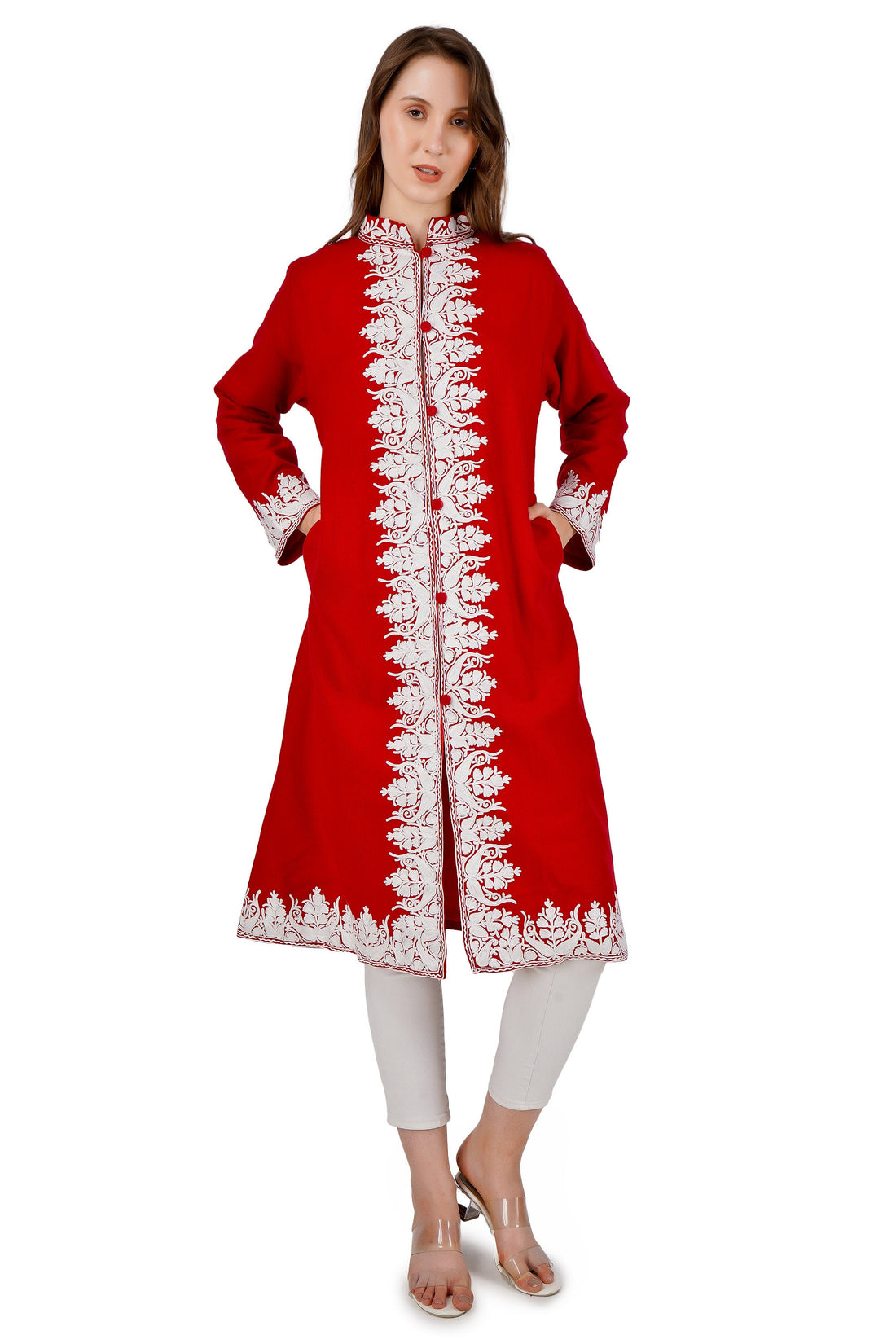 Kashmiri Aari Embroidered Long woollen Jacket, Winter Coat For Women, Paisley Indian Jacket
