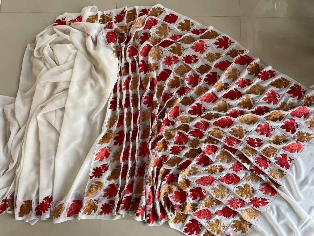 Kashmiri Embroidered Saree, Georgette Saree With Blouse, Georgette Saree, Kashmiri Sari , Indian Saree For Womens,