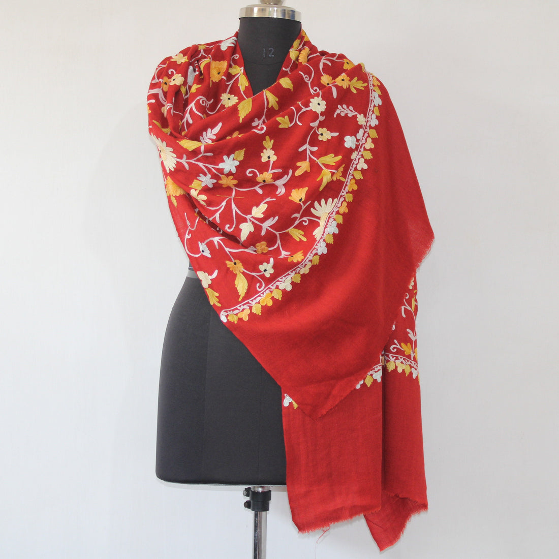 Premium Handmade Kashmiri Scarf, Merino Wool Stole in Maroon, Embroidered Wrap
