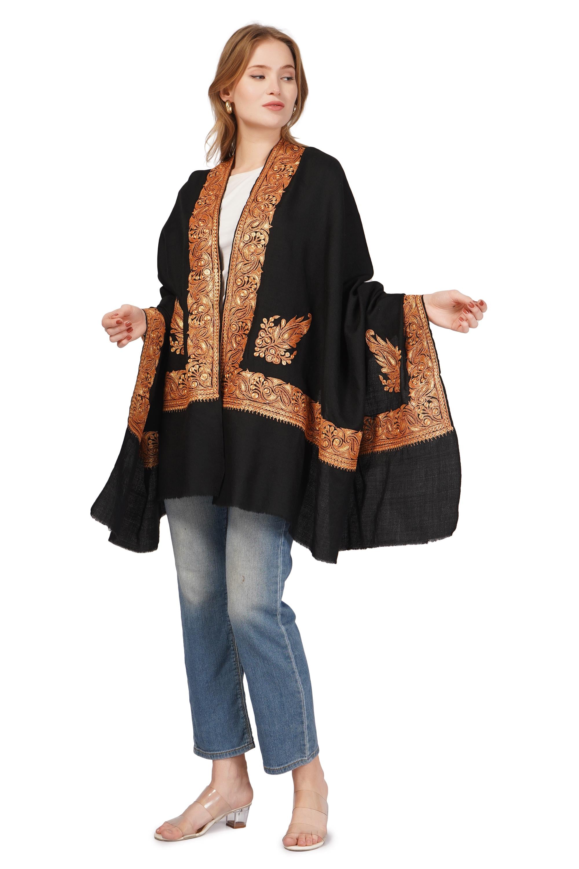 Kashmiri Tilla Shawl For Women,Pashmina Bridal Embroidered Shawl,Indian Wedding Shawl, Bridal Cover Up Wrap, Zari Embroidered Cashmere Shawl