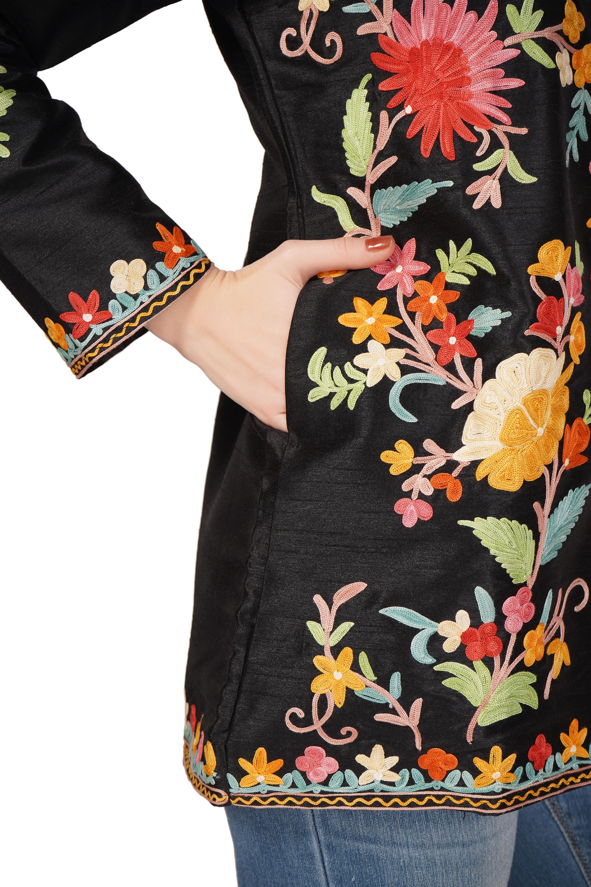 Kashmiri Jacket With Aari Embroidery, Floral Jacket With Multicolour Embroidery, Boho Coat, Short Black Jacket