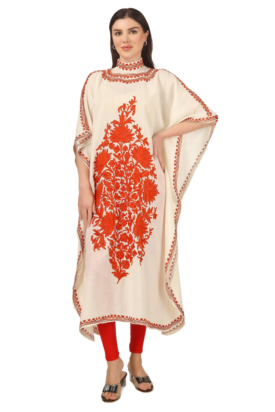 Pashmina Kaftan, Cashmere Aari Embroidered Kaftan, Kashmiri Kaftan, Women Caftan, White Kaftan,