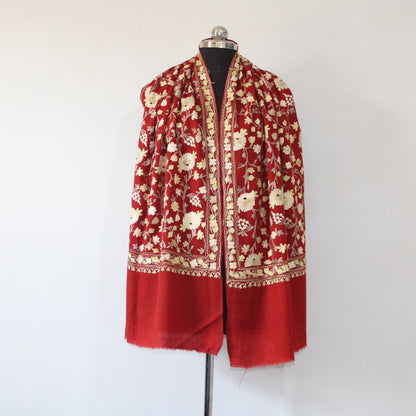Kashmiri Stole, Fine Merino Wool Aari Embroidered Kashmiri Stole, Handmade Stole, Woolen Scarf, Embroidered Wraps, Maroon Scarf,