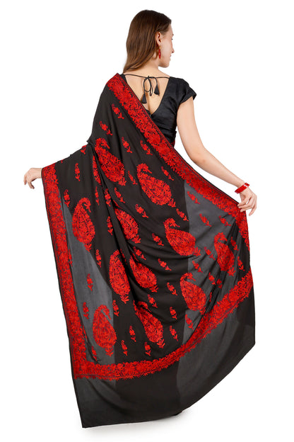 Kashmiri Aari Embroidered Crepe Silk Saree With Blouse, Kashmiri Sari, Indian Black Saree For Womens, Silk Embroidered Saree for Weddings