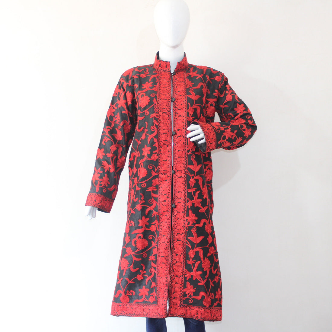 Bohemian wool Jacket - Hand-Embroidered Kashmiri Coat - Long Length winter Coat