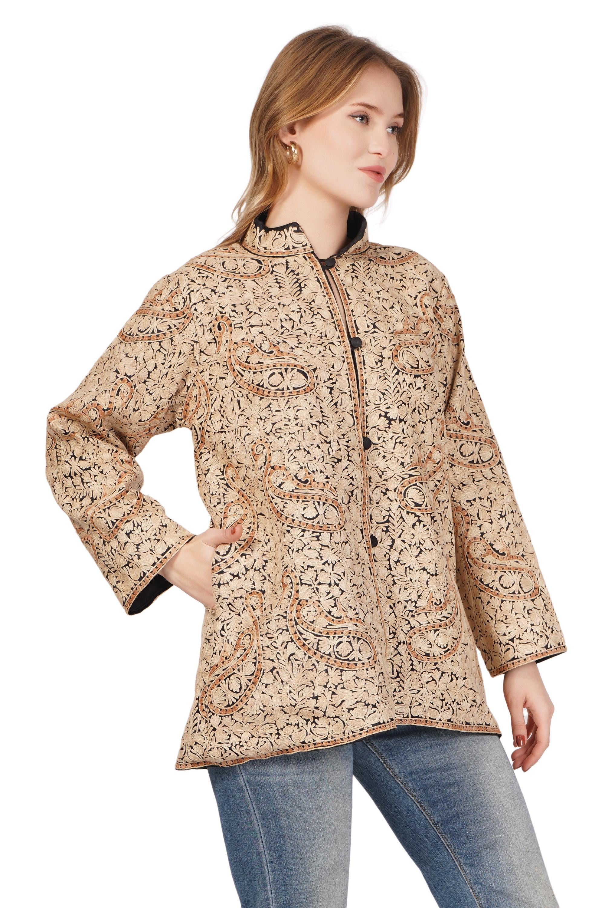 Kashmiri Bohemian Jacket, Short Embroidered Silk Coat, Ethnic Winter Outerwear, Handcrafted Fashion, Wool Jacket For Women
