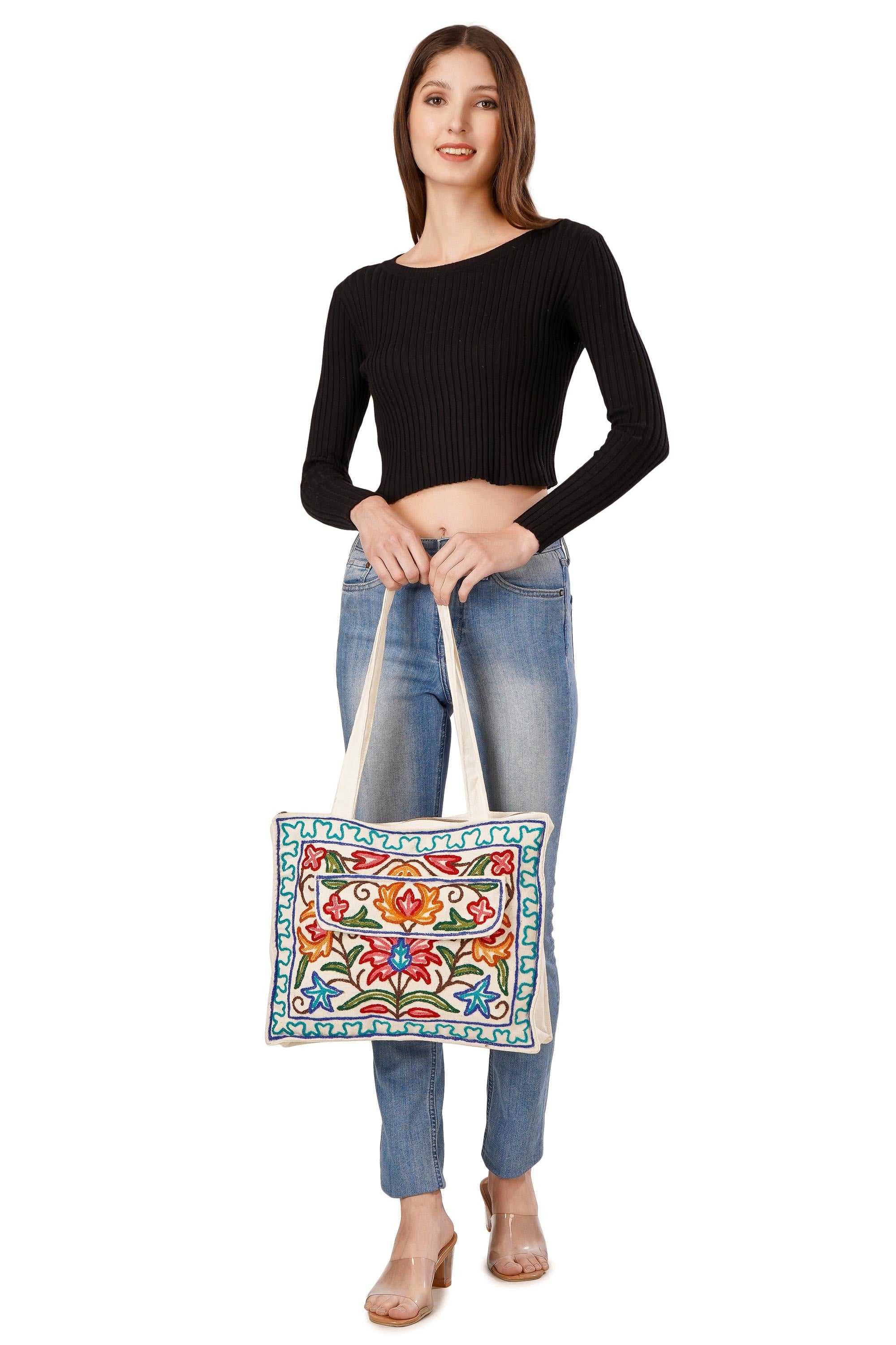 Kashmiri Hand Embroidered Pure Cotton Tote Handbag For Women, Boho Ethnic Shoulder Bag Floral Aari Embroidered Bag, Hobo Crossbody Purse