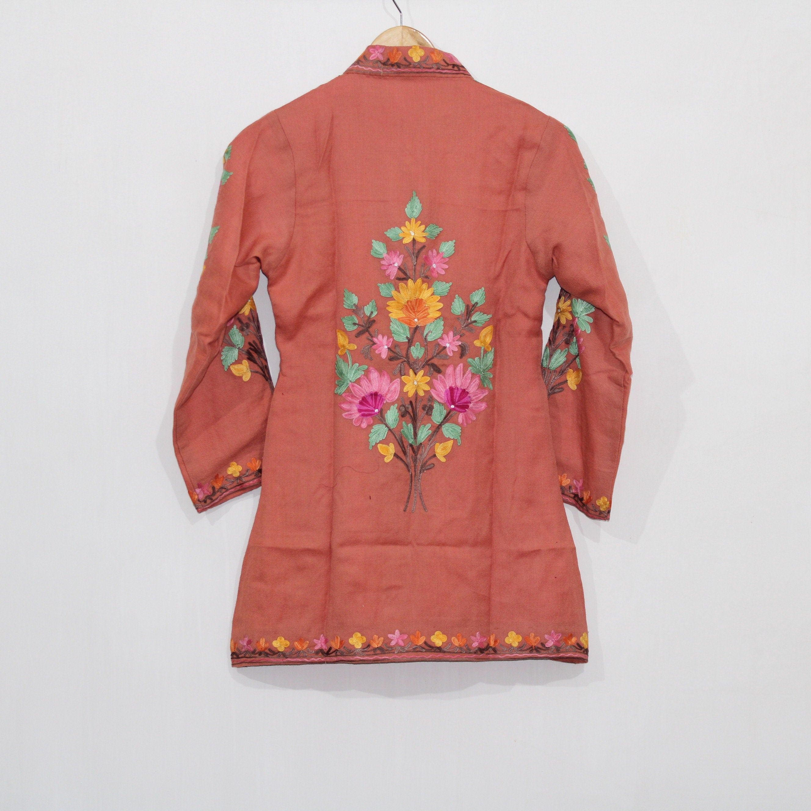 Kashmiri Wool Jacket, Chainstitch Embroidery, Multicolour Embroidered Short Coat, Winter Jacket For women