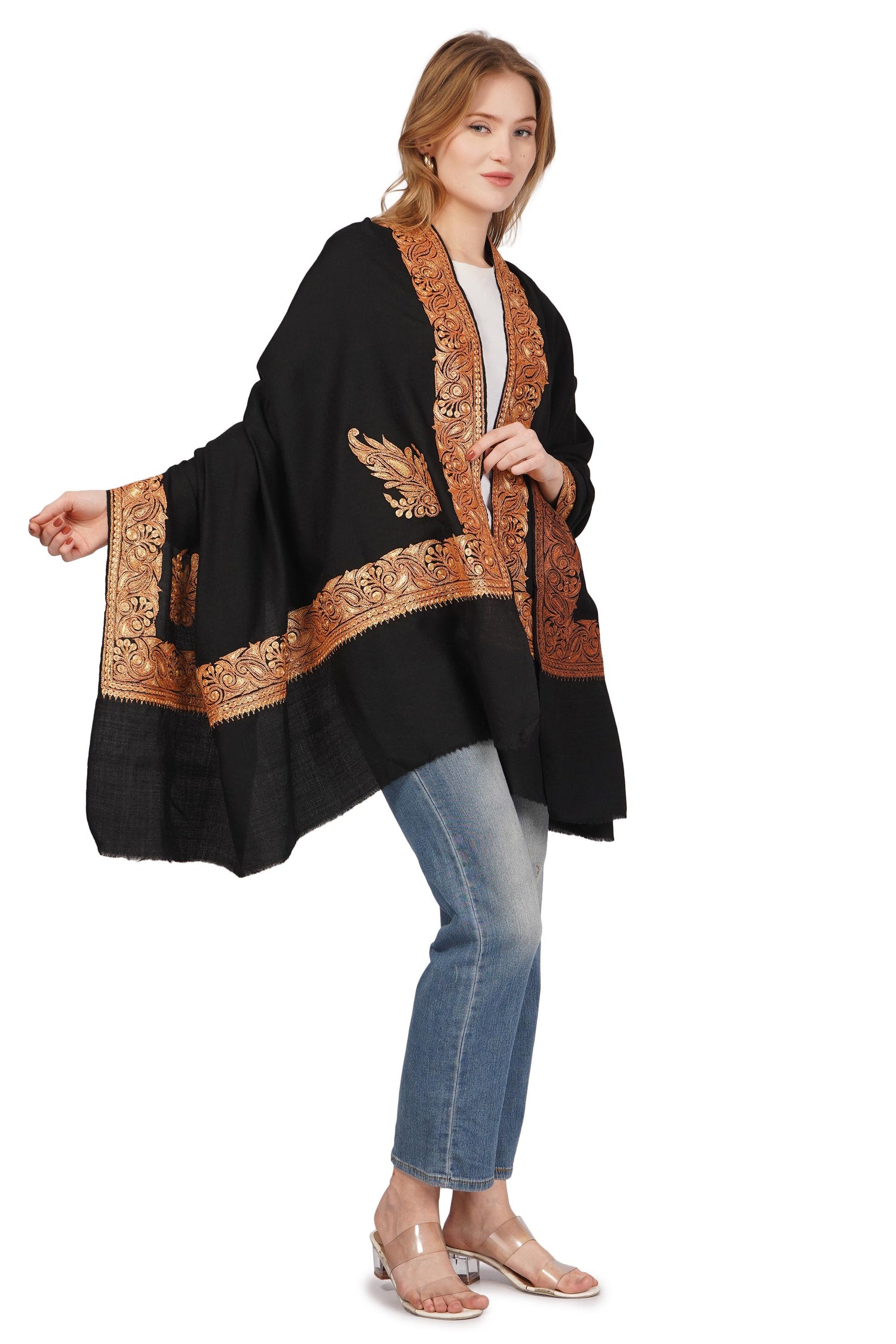 Kashmiri Tilla Shawl For Women,Pashmina Bridal Embroidered Shawl,Indian Wedding Shawl, Bridal Cover Up Wrap, Zari Embroidered Cashmere Shawl