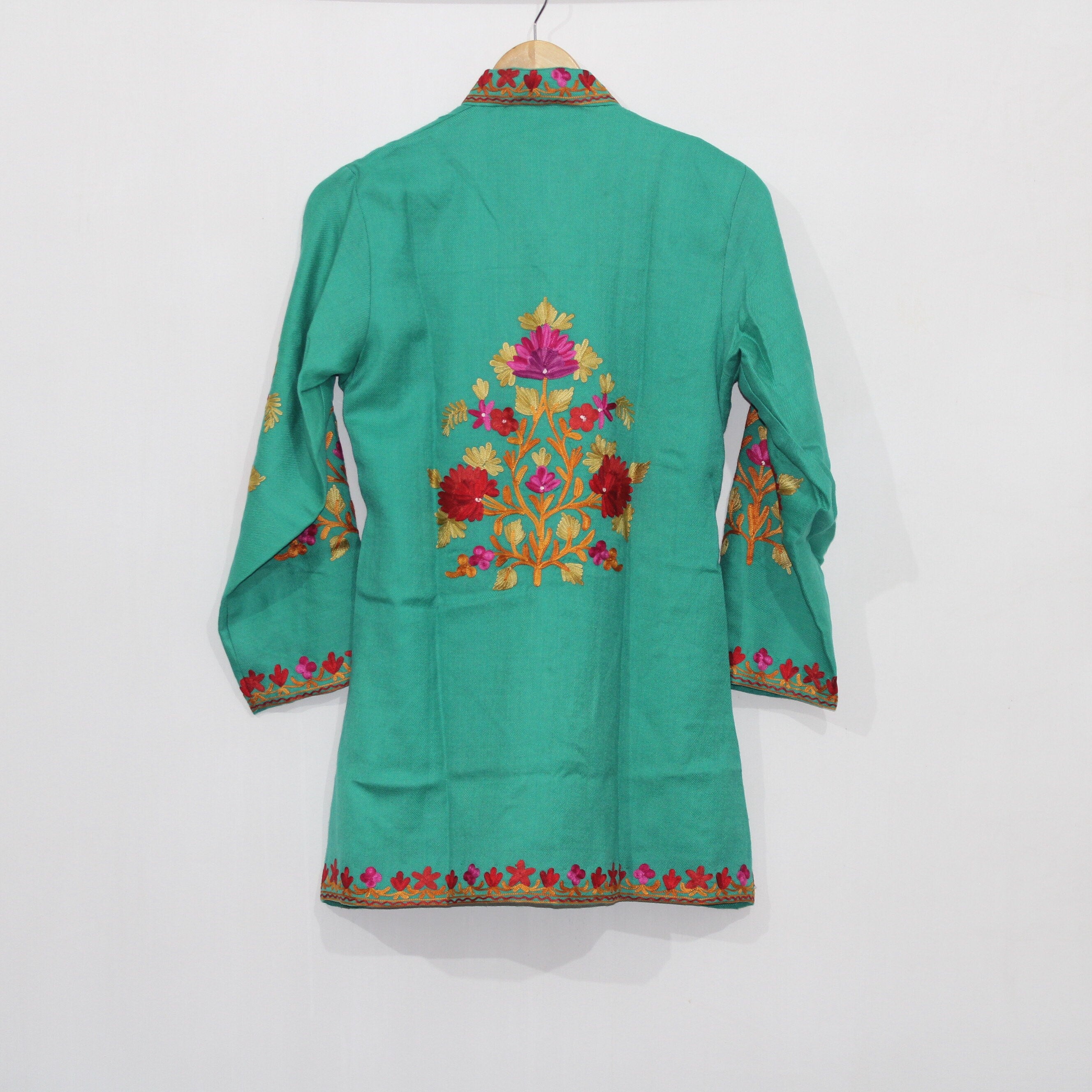 Kashmiri Wool Jacket, Chainstitch Embroidery, Multicolour Embroidered Short Coat, Winter Jacket For women