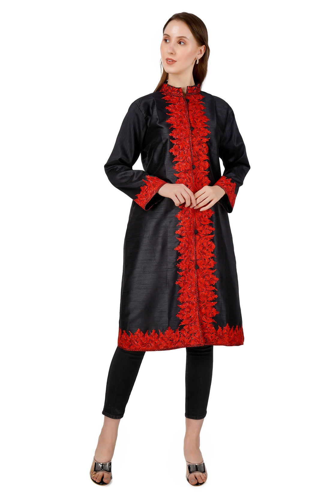 Kashmiri Aari Embroidered Long Silk Jacket, Summer Coat For Women