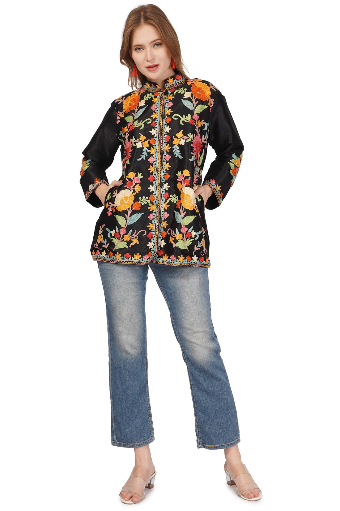 Kashmiri Jacket With Aari Embroidery, Floral Jacket With Multicolour Embroidery, Boho Coat, Short Black Jacket