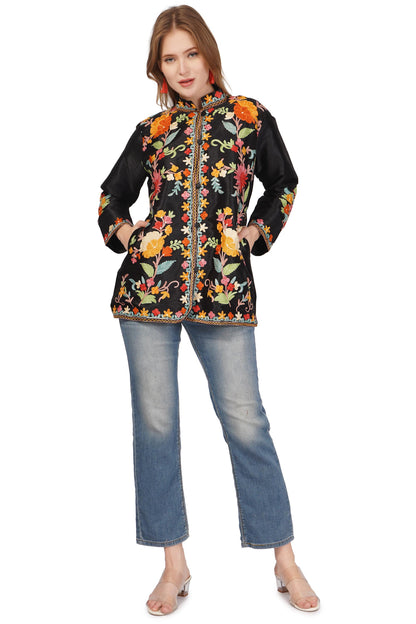 Kashmiri Jacket With Aari Embroidery, Floral Jacket With Multicolour Embroidery, Boho Coat, Short Black Jacket
