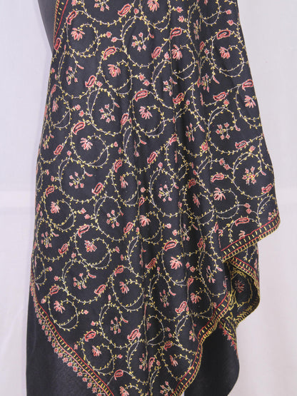 Woolen sozni Embroidered Kashmiri Stole, Handmade Stole, Fine Merino Wool Stole, Premium Scarf, Embroidered Wraps, Black Scarf
