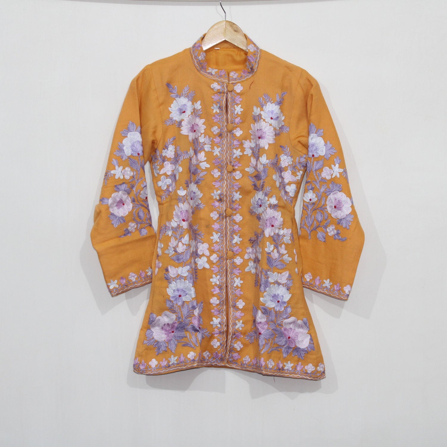 Kashmiri Wool Jacket, Chainstitch Embroidery, Multicolour Embroidered Short Coat, Winter Jacket For women