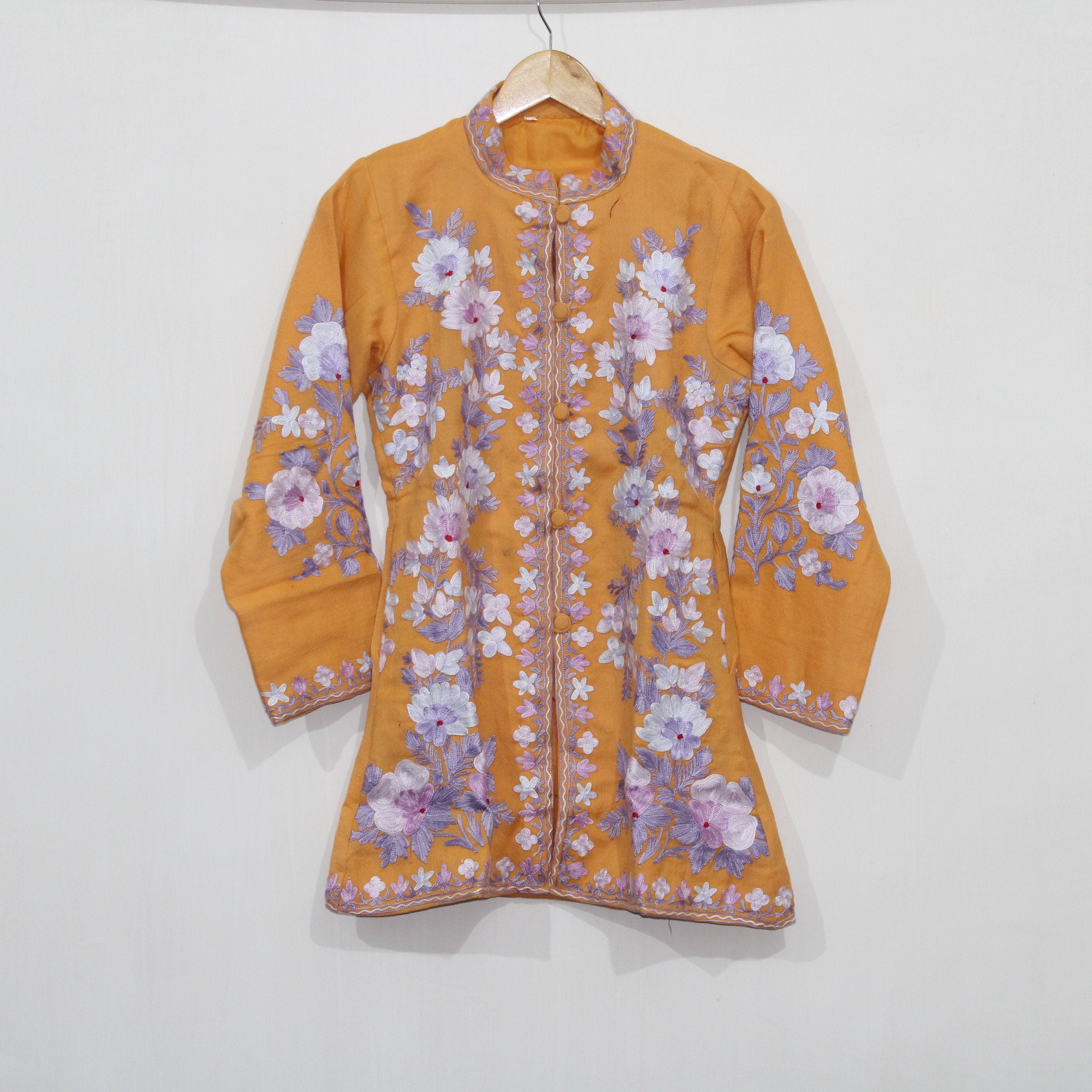 Kashmiri Wool Jacket, Chainstitch Embroidery, Multicolour Embroidered Short Coat, Winter Jacket For women