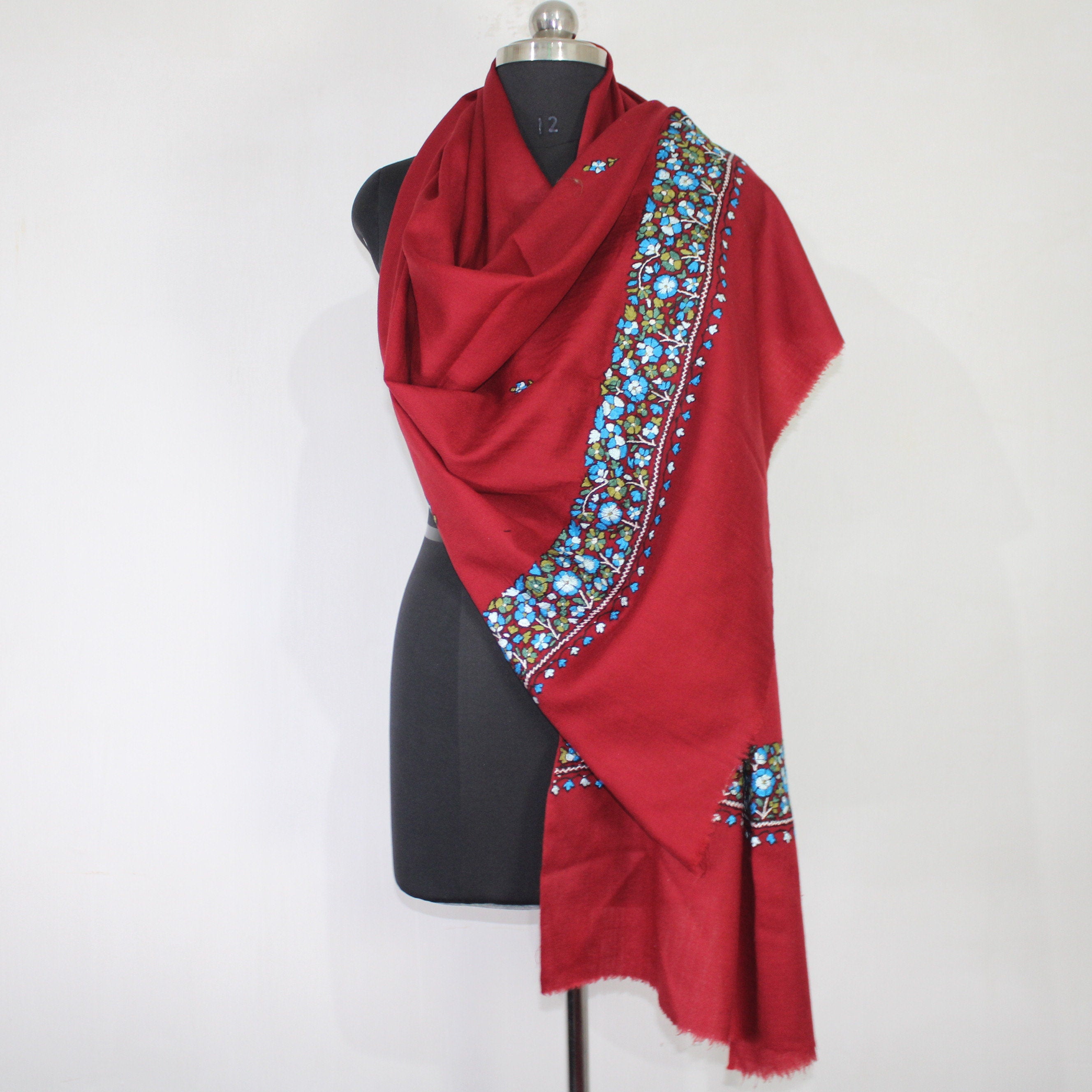 Kashmiri paper mache Embroidery Scarf, woolen Scarf, Kashmiri Handmade Stole/Wrap, handwork stole, maroon Stole, 70cm * 200cm,