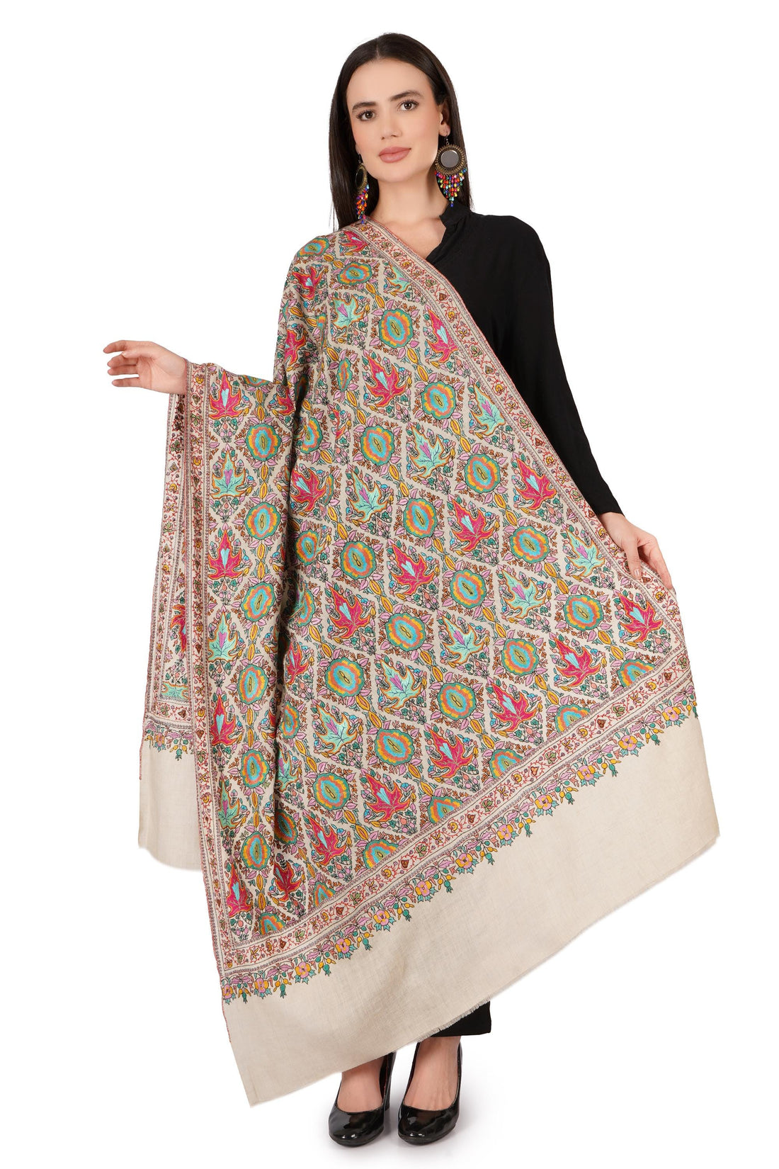 Pure Pashmina Jamawar Shawl with Sozni Hand Embroidery, Handmade Undyed Natural White, Paper Mache Embroidery Shawl