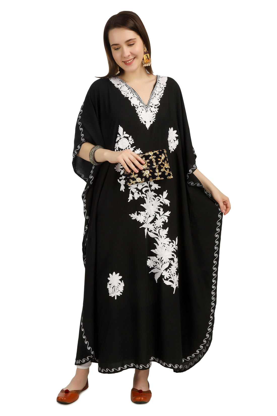 Kashmiri Aari Embroidered Cotton Kaftan for Women, Handmade Kaftan Dress for Girls, Cotton Maxi Dress for Summers