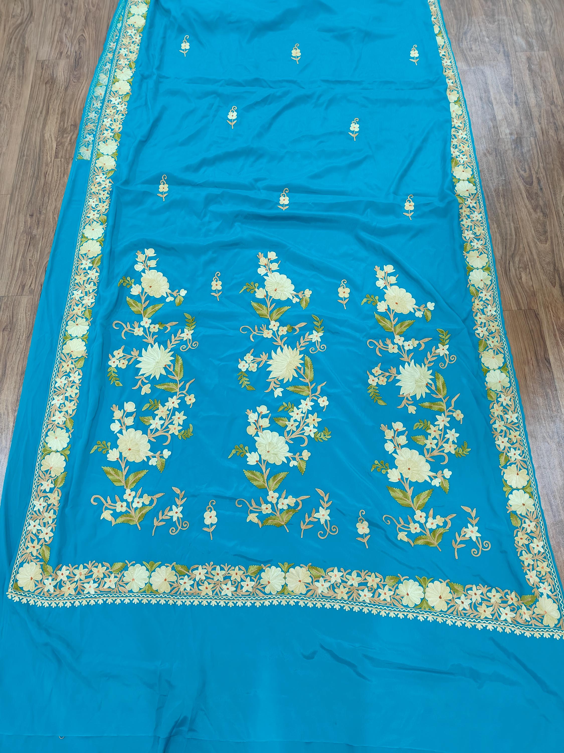 Kashmiri Crepe Silk Saree With Blouse, Kashmiri Sari, Indian Saree For Womens, Silk Crepe Saree for Weddings