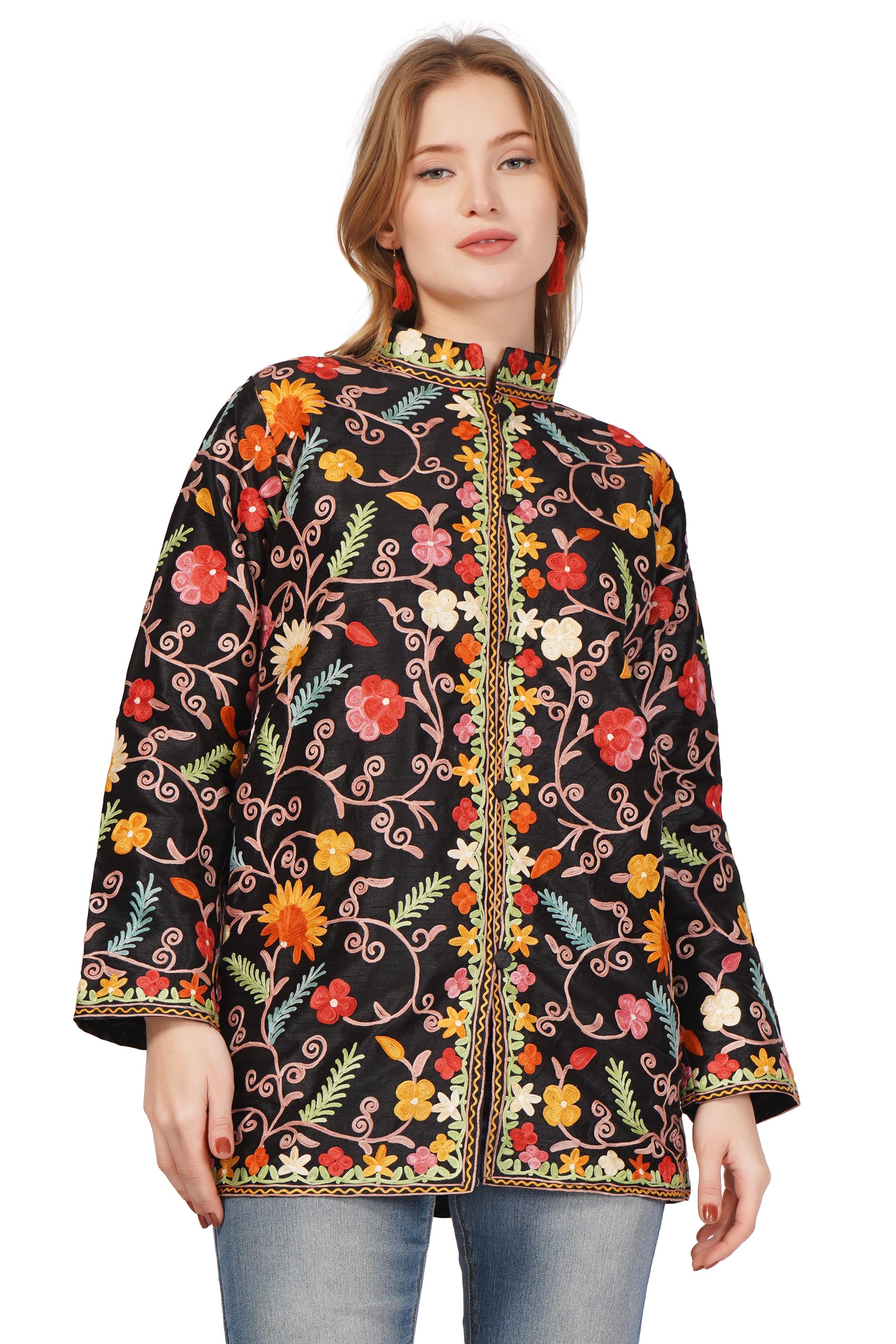 Kashmiri Jacket With Aari Embroidery, Floral Jacket With Multicolour Embroidery, Boho Coat, Short Black Jacket
