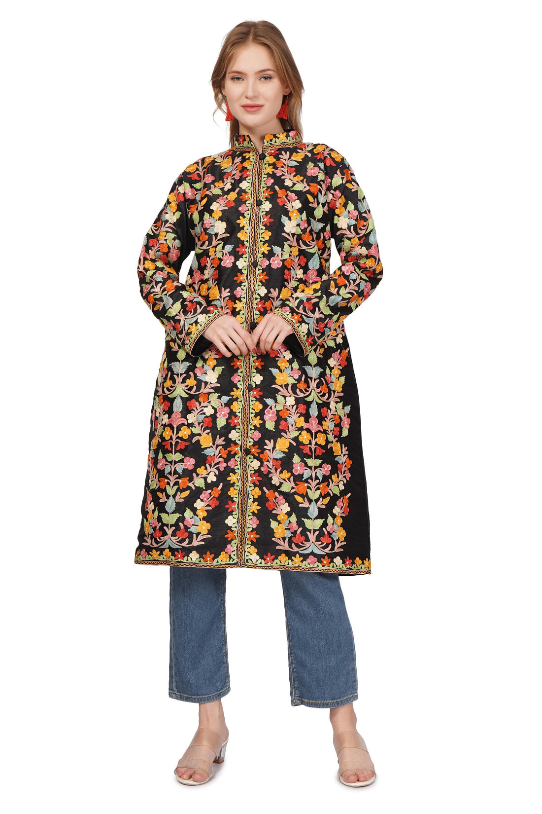 Kashmiri Jacket, Embroidered Silk Jacket, Long Length Coat, Bohemian Jacket, Embroidered Jacket, Long Embroidered Coat, Silk Summer Jacket