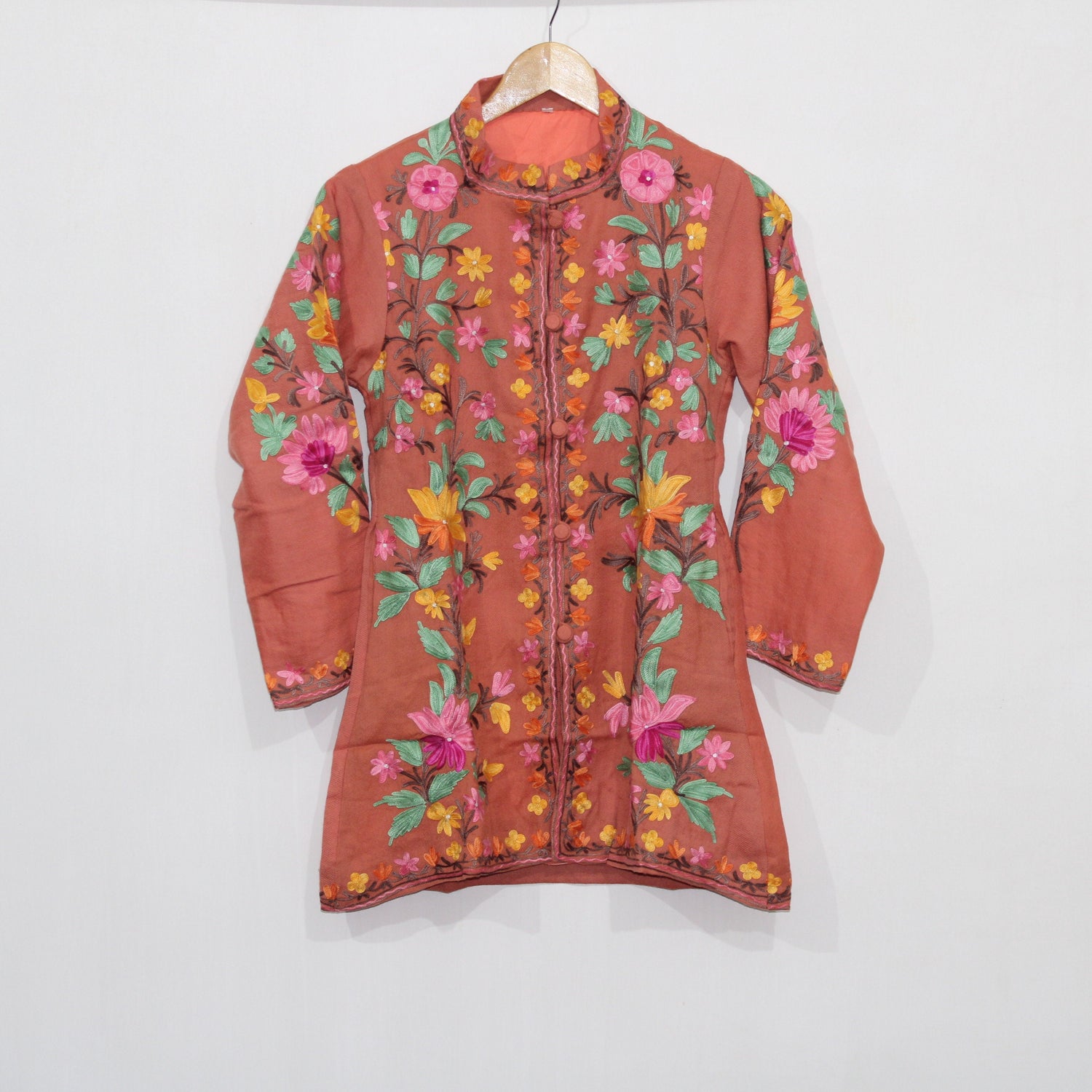Kashmiri Wool Jacket, Chainstitch Embroidery, Multicolour Embroidered Short Coat, Winter Jacket For women