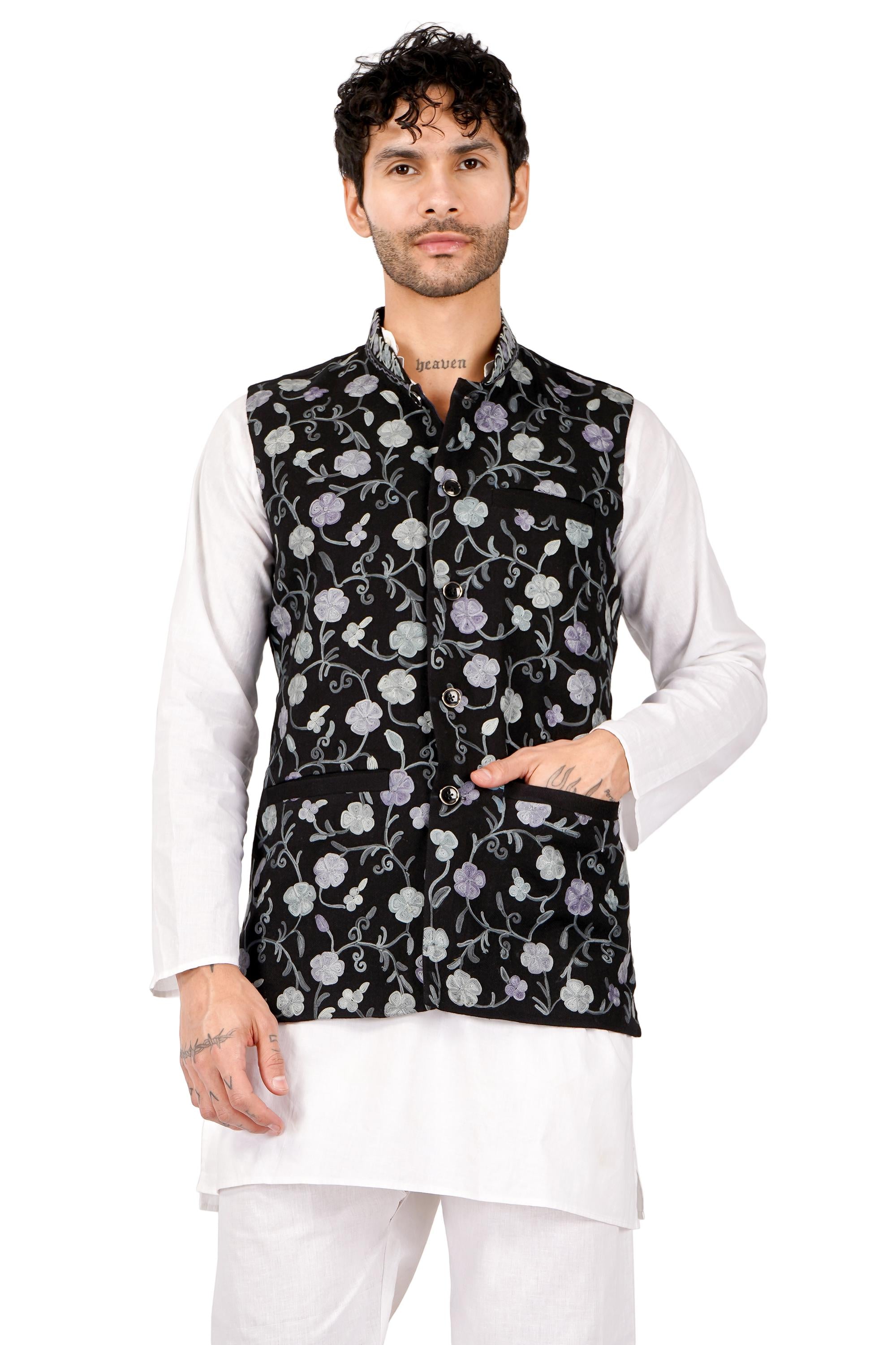 Kashmiri Nehru Jacket, Sleeveless Nehru Jackets, Men Waistcoat, Modi Jackets, Floral Aari Embroidered Luxurious Jackets For Men