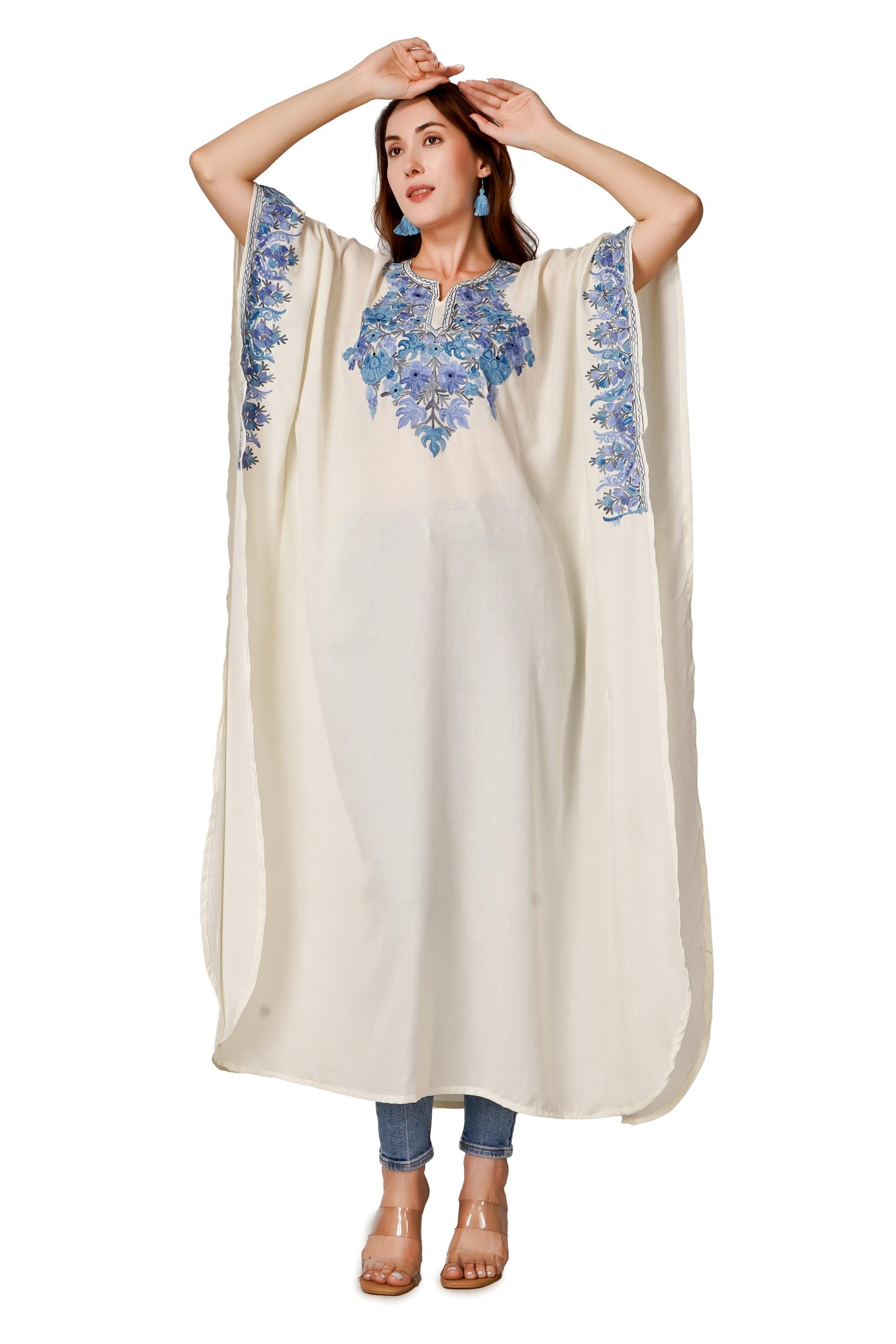 Kashmiri Aari Embroidered Cotton Kaftan, Women&