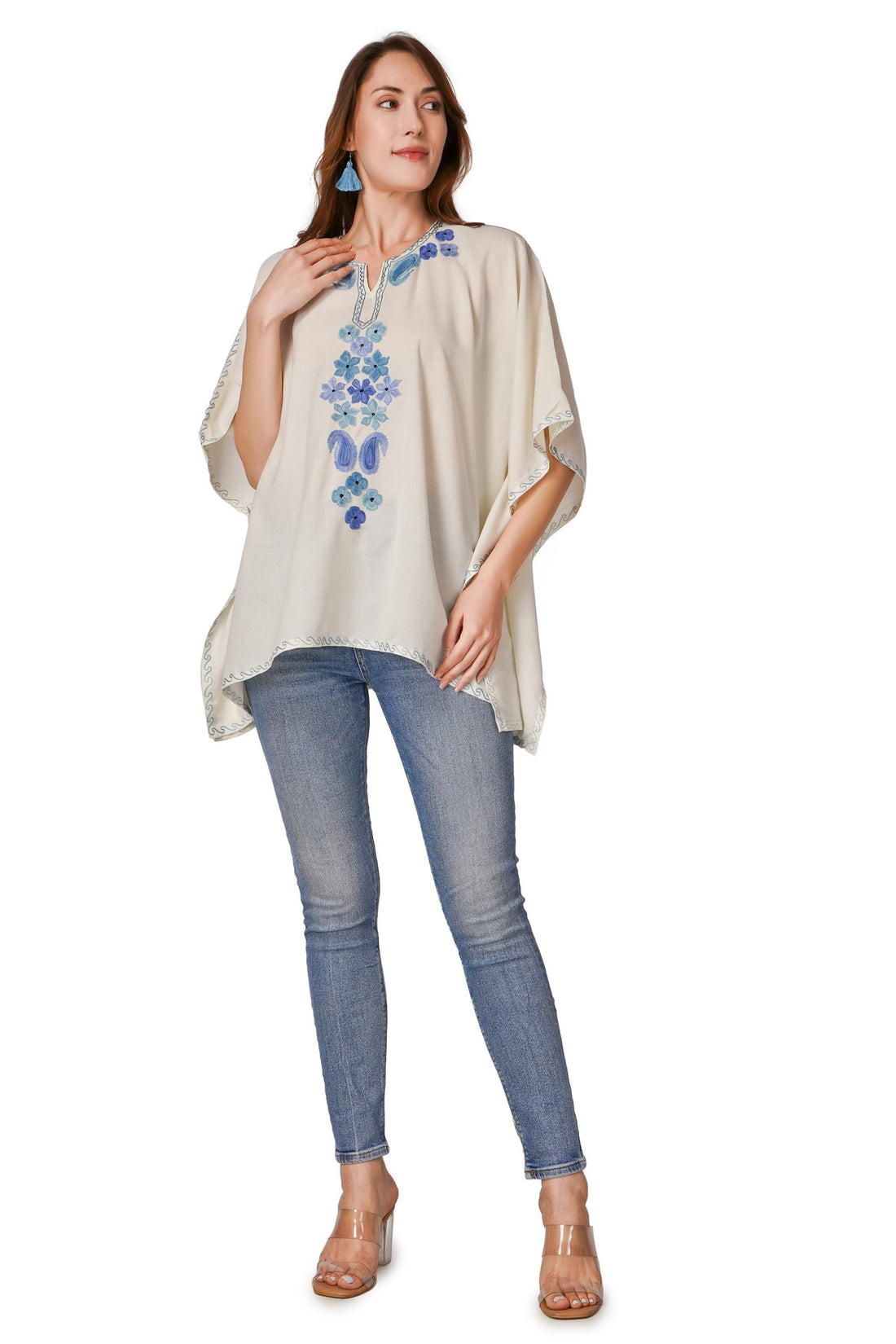 Kashmiri Aari Embroidered Womens Kaftan Kurti, Embroidered Cotton Kaftan Regular Fit Top, Short Kurti For Summer (Free Size)